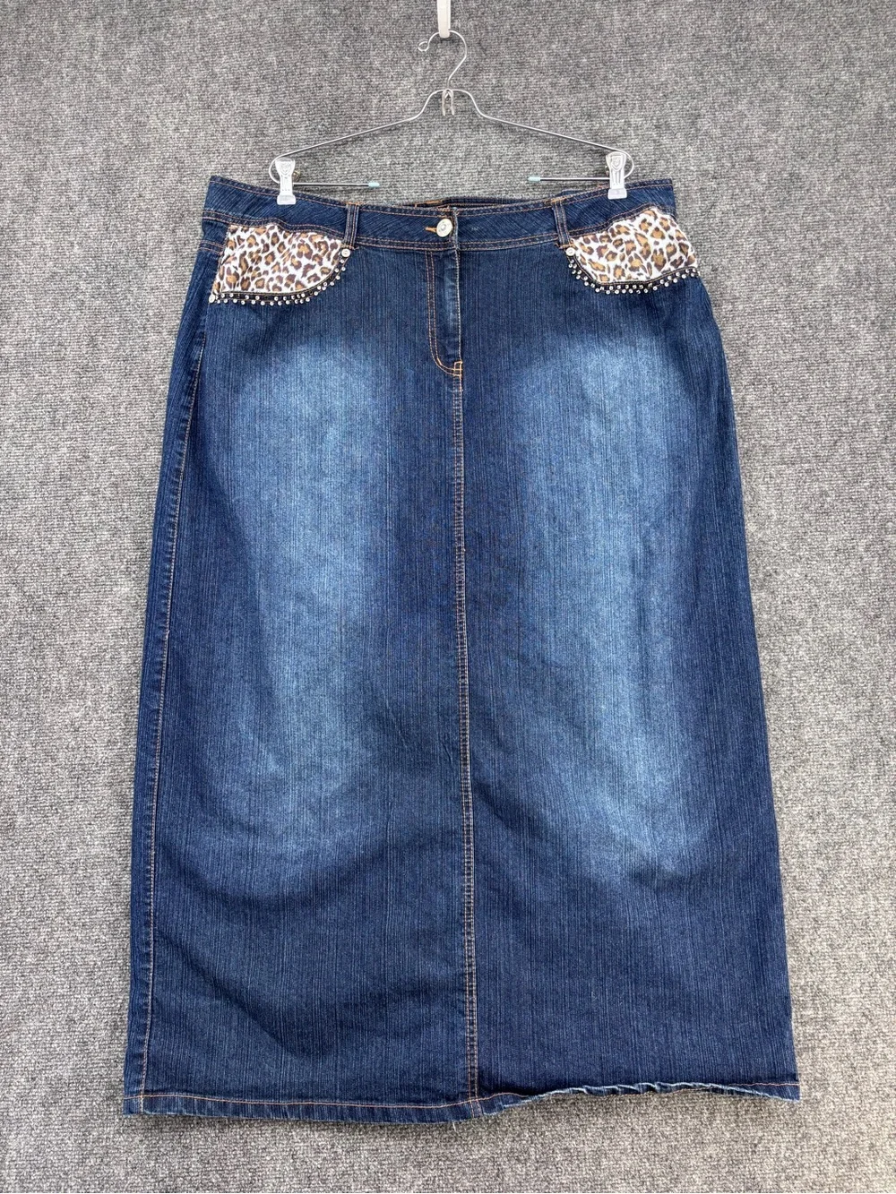 Whisker Washed Western Boho Indie Denim Midi Skirt Women’s 18 Leopard Accent